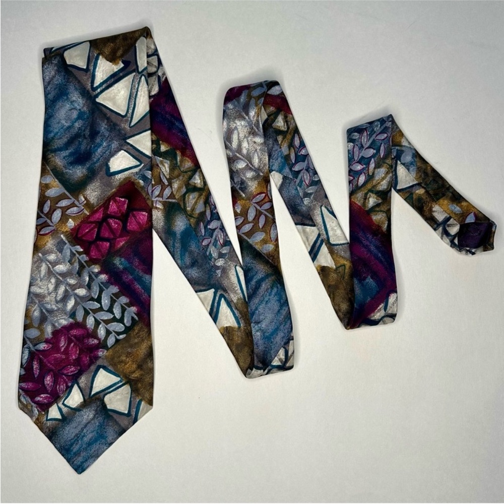 Vintage CHARVET Abstract Floral Jewel-Tone Classic Handmade Silk Tie, 4” - Picture 2 of 7